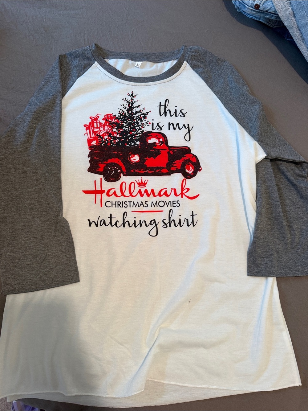 Hallmark Cream and Gray Raglan with Red Truck Graphic